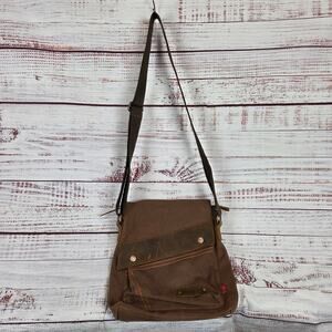 AUGUR Canvas Brown Messenger Bag Leather Accents Adj Strap Front Snap Zip Basic
